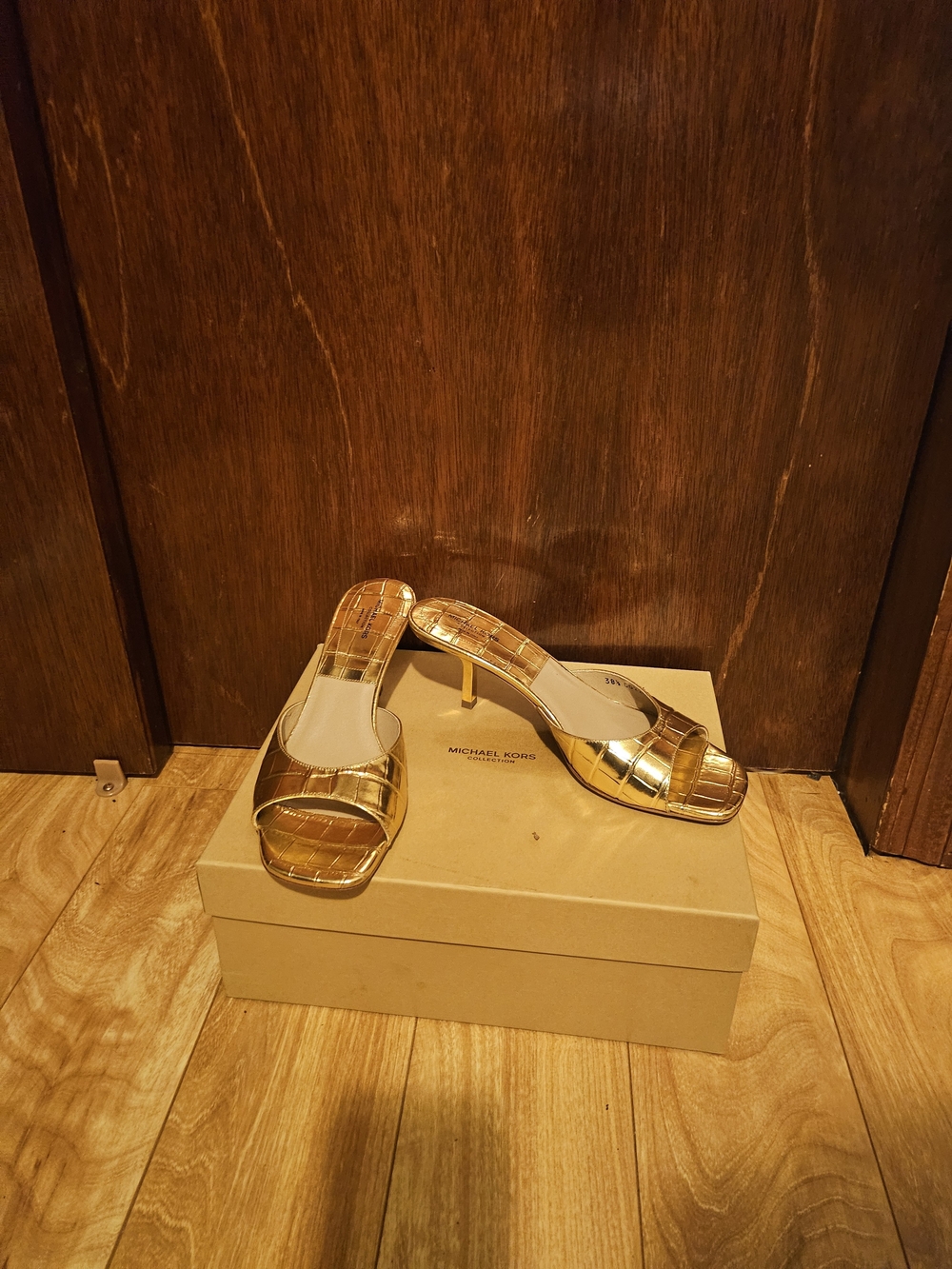 Michael Kors Metallic Gold Croc-Embossed Slide Sandals